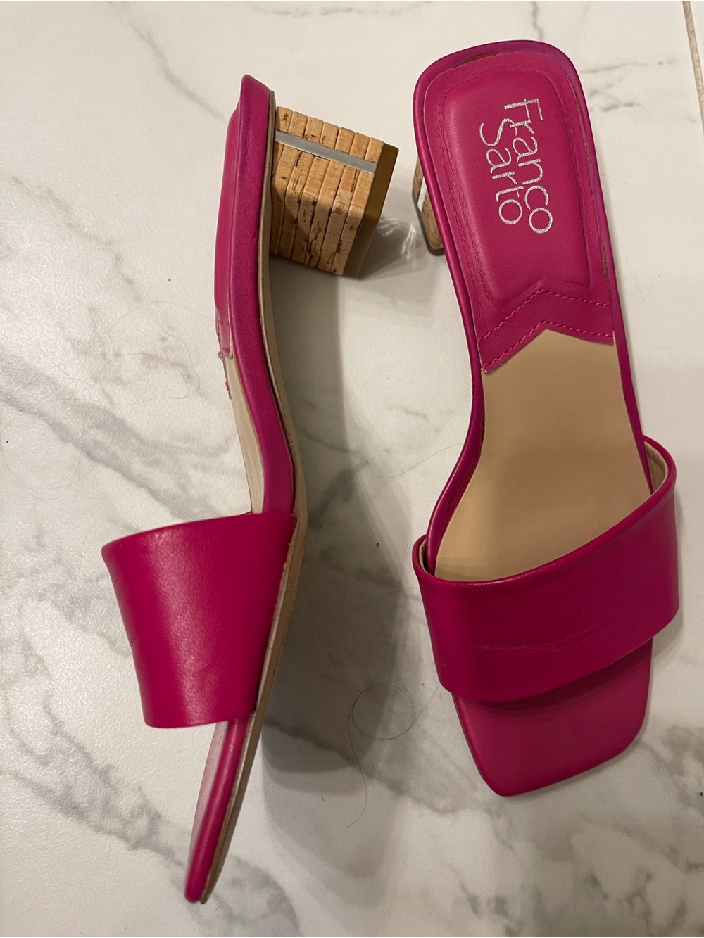 Franco Sarto Pink Slide Leather Mules with Cork Block Heel, size 8